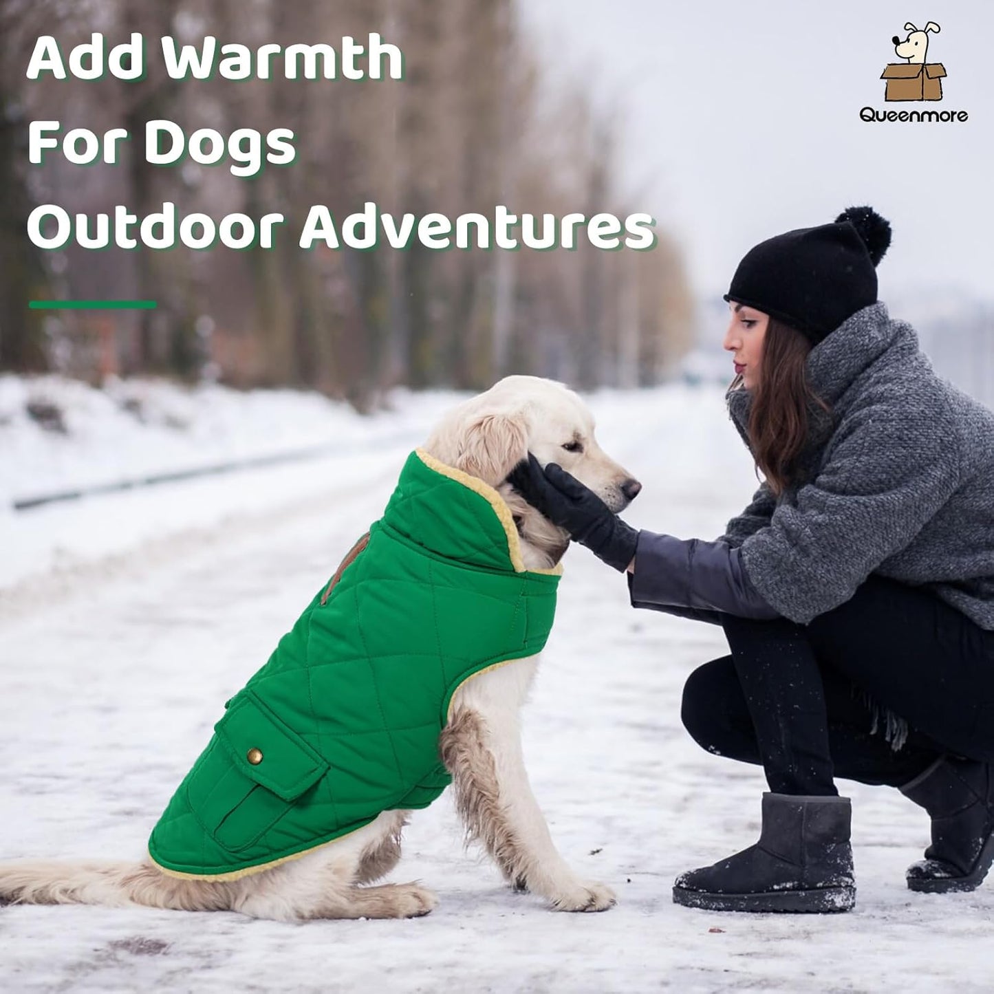 Queenmore Warm Dog Coat, Cold Weather Puffer Dog Coat Vest, Quilting Winter Pet Jacket Ultra Thick Plush Fleece Lining Pet Clothes for Dogs with Storage Pockets (Forest Green,Large)