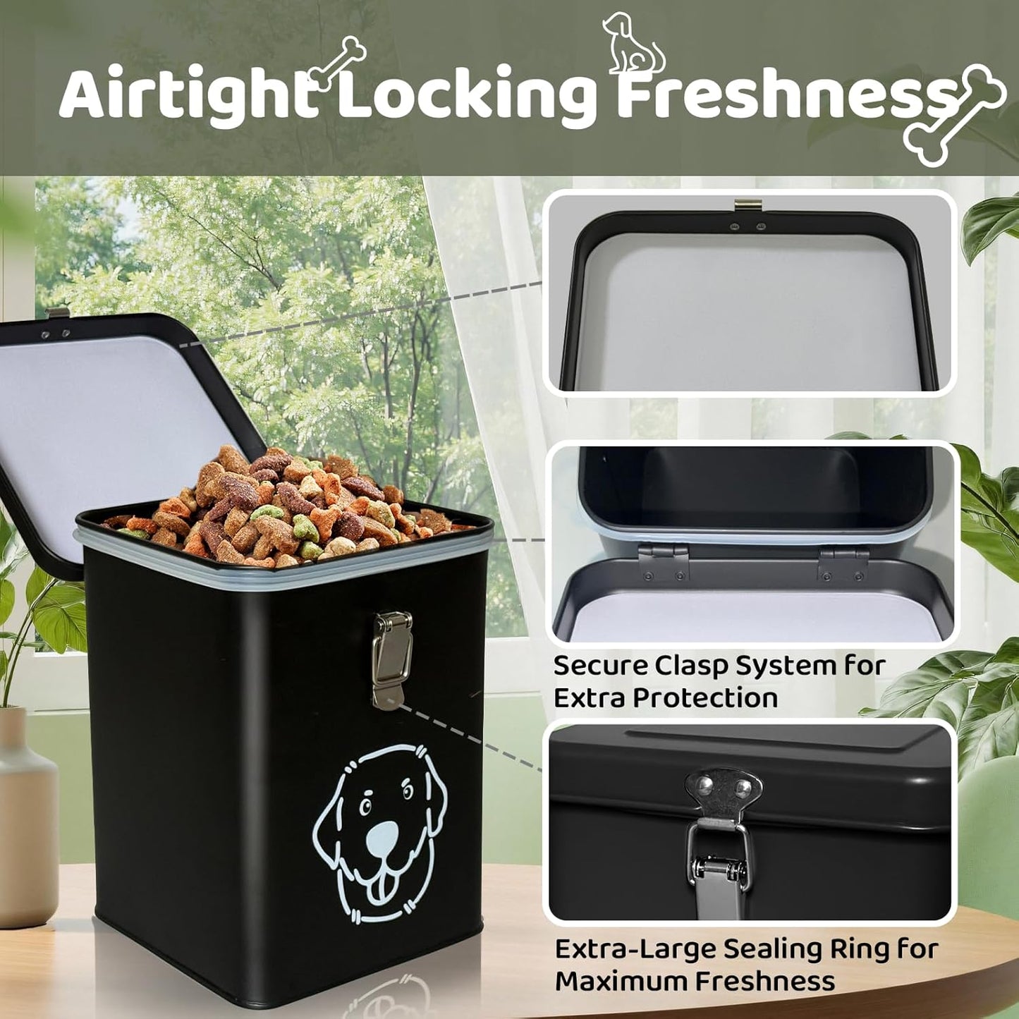 Dog Food Storage Container Airtight Dog Treat Container Pet Food Storage Containers Dog Treat Jar Tinplate Dog Treat Bin Olive Green