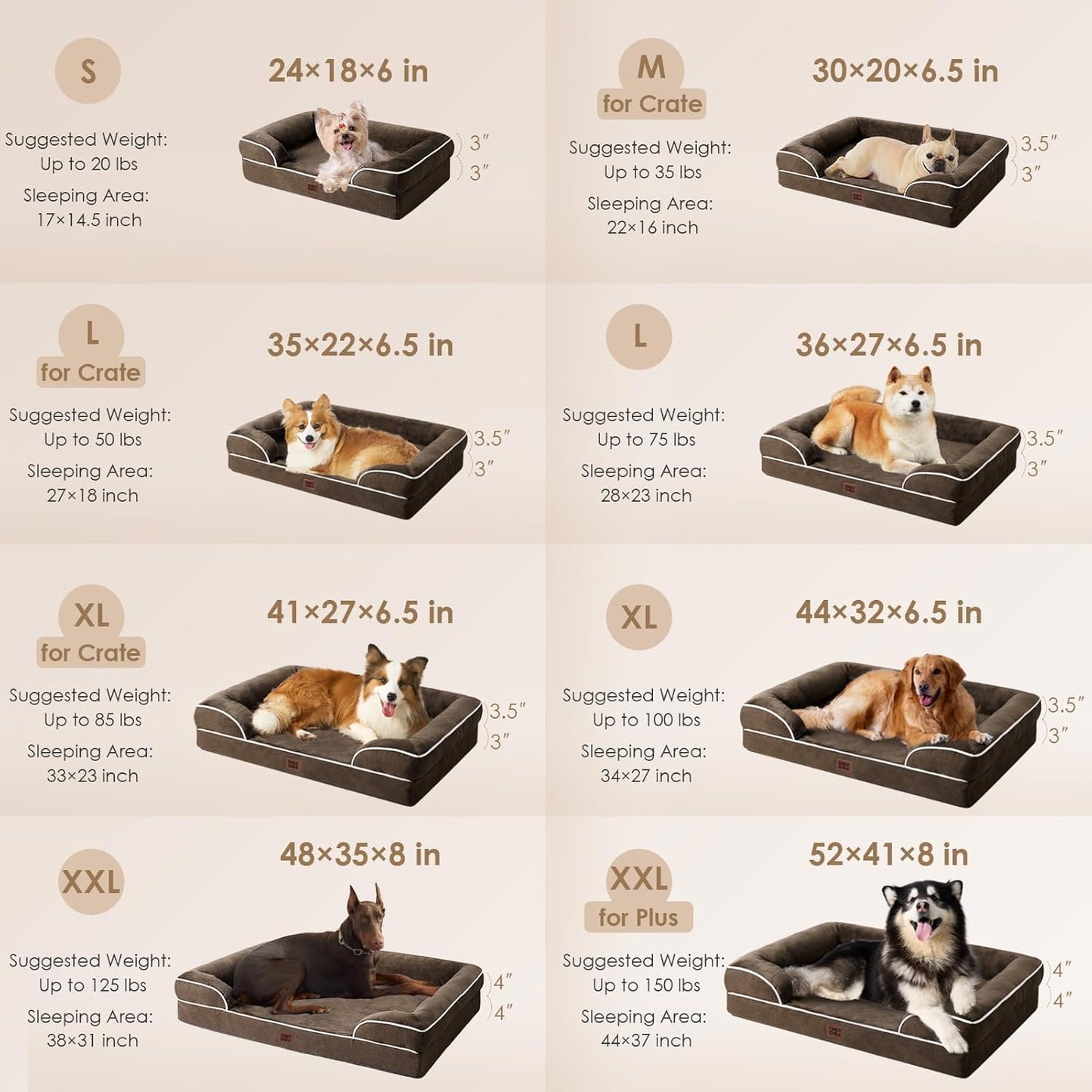 EHEYCIGA Orthopedic Dog Beds for Large Dogs, Waterproof Memory Foam Large Dog Bed with Sides, Non-Slip Bottom and Egg-Crate Foam Pet Couch Bed with Washable Removable Cover, Brown