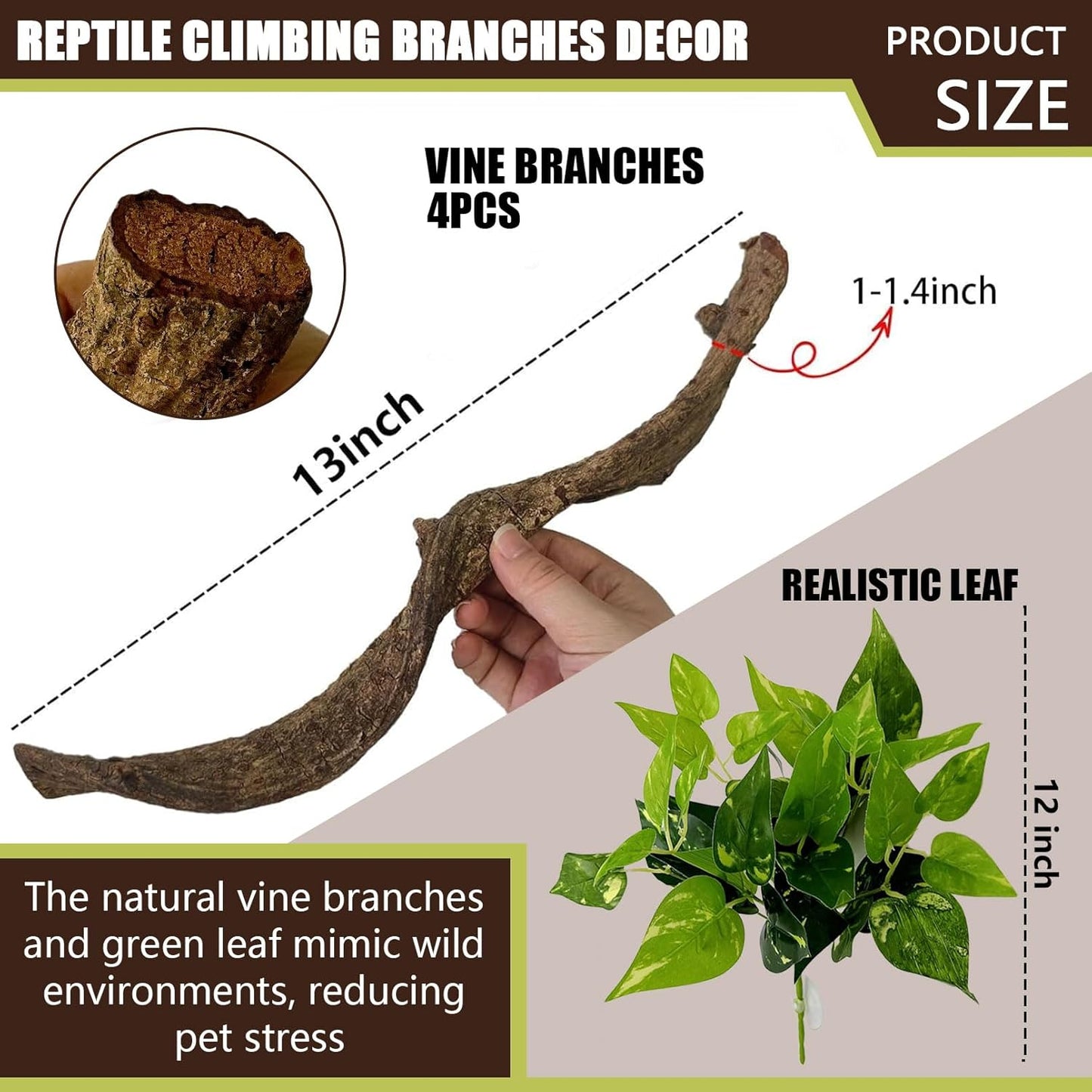 BNOSDM 4Pcs Reptile Climbing Branches Decor,Snake Climbing Branch,Gecko Climb Wood,Lizard Forest Branch,Tank Habitat Tree Trunk Decorations for Bearded Dragons,Chameleons,Spider,Frogs (S)