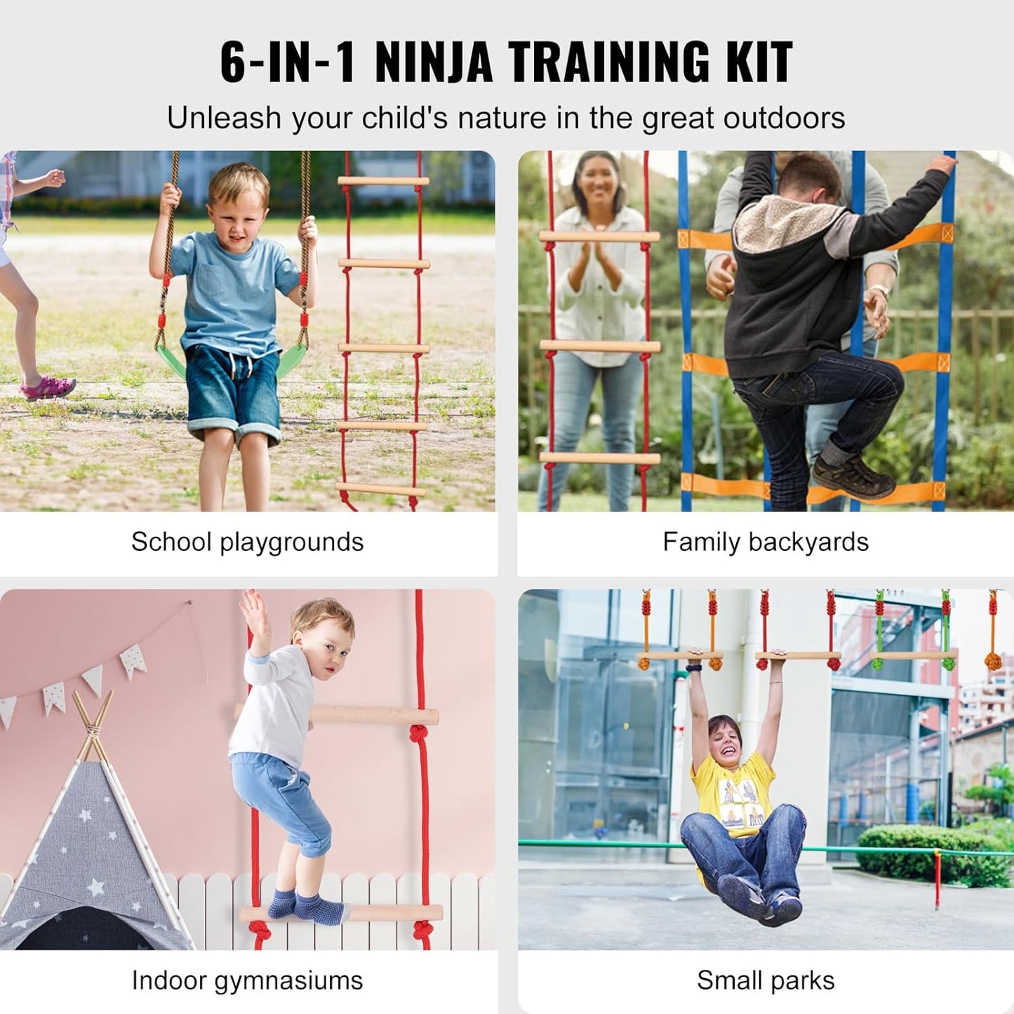VEVOR Ninja Warrior Obstacle Course for Kids, 1 x 50 ft Weatherproof Slacklines, 500lbs Weight Capacity Monkey Line, Outdoor Playset Equipment, Backyard Toys Training Equipment Set with 10 Obstacles