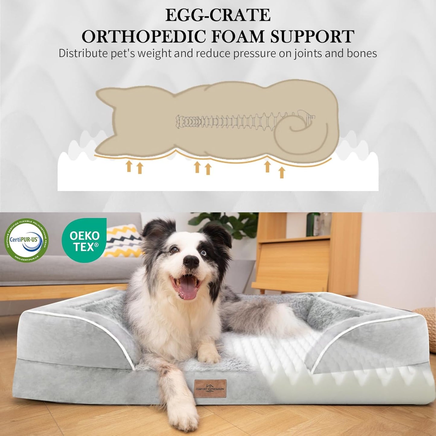 Comfort Expression Large Dog Beds Waterproof Orthopedic Foam Dog Sofa Beds Comfy Pet Bed with Washable Removable Cover & Non-Slip Bottom(Large,Grey White)
