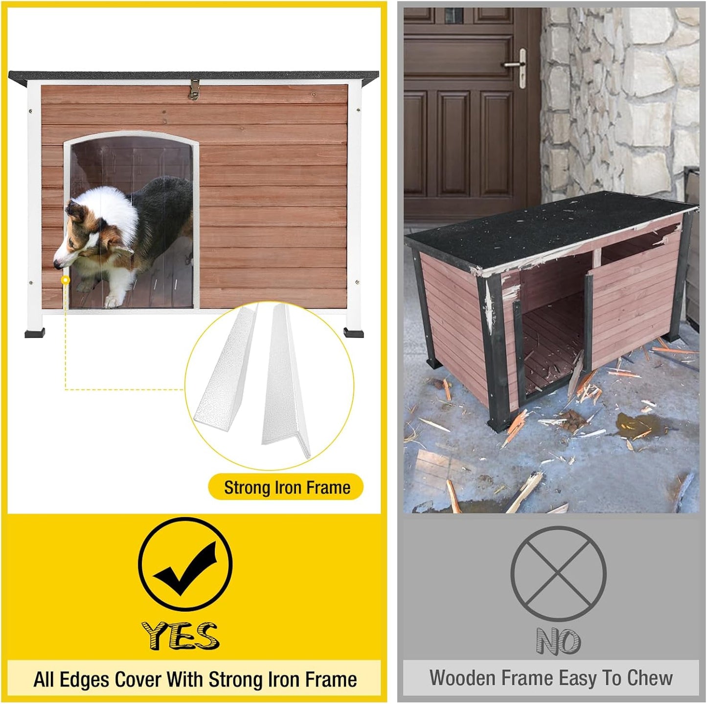 Dog House Outdoor & Indoor Wooden Dog Kennel for Winter with Raised Feet Weatherproof for Small & Medium & Large Dogs,Unique All-Around Iron Frame，Light Brown