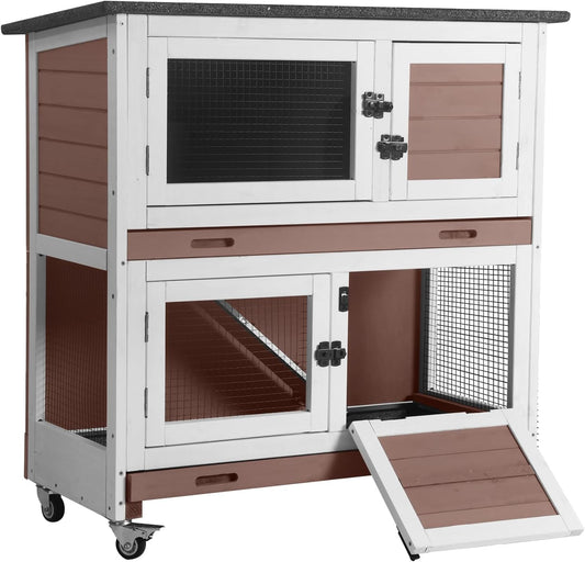 Aivituvin 2-Tier Rabbit Hutch with Tarp Door and Wheels Bunny Cage Indoor Outdoor Guinea Pig Cage Expandable with Pet Playpen 36" L, Brown
