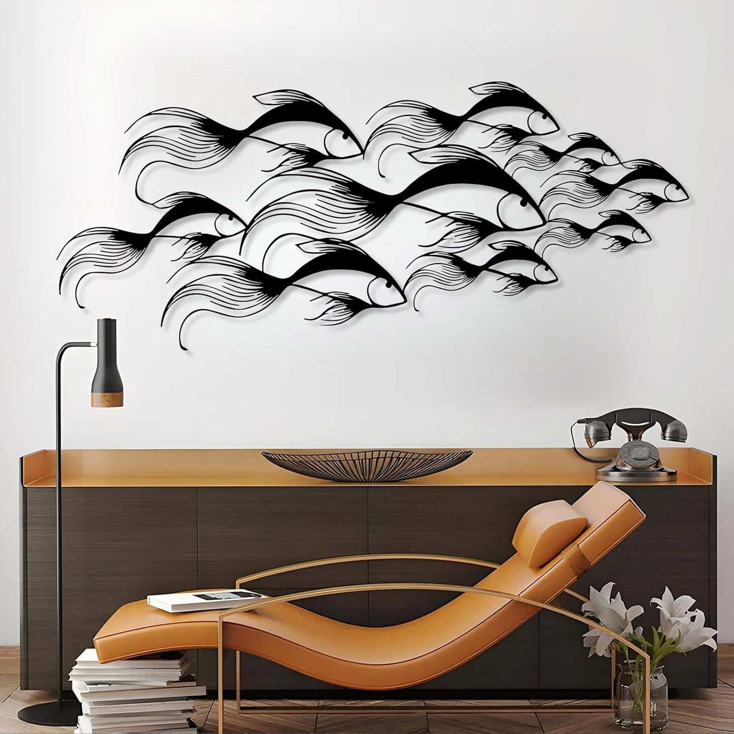 School of Fish Metal Wall Art, Metal Fish Wall Decor, Sea Life Wall Art, Large Nautical Wall Hanging, Modern Beach House Wall Decor, Ocean Themed Artwork for Bathroom (Black, 24"x10" | 60x25cm)