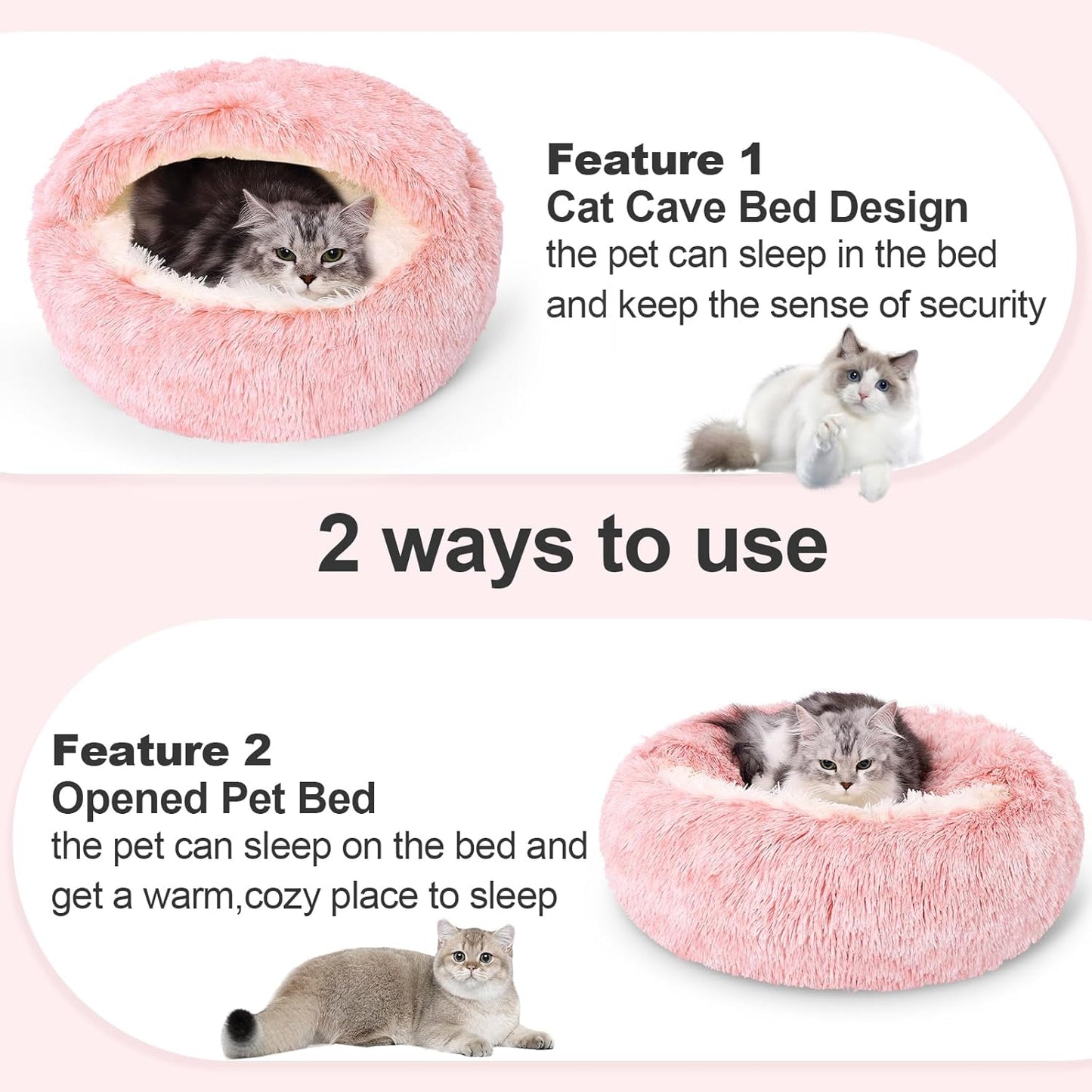 Calming Bean Mush Beds & Cat Cave with Hooded Cover, Removable Washable Round Beds for Small and Medium Pets, Anti-Slip Faux Fur, Fits Up to 15/25 lbs