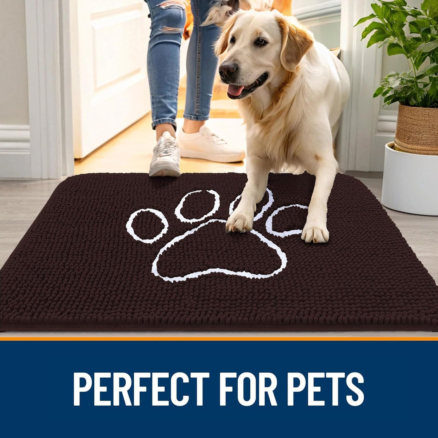 OLANLY Door Mat for Muddy Dog Paws 40x32, Ultra Absorbent Chenille Mud Doormat with Paw Print Design, Non-Slip Washable Doormat for Indoor Entryway, Quick-Dry Pet Bed Mats for Dirty Dogs, Brown