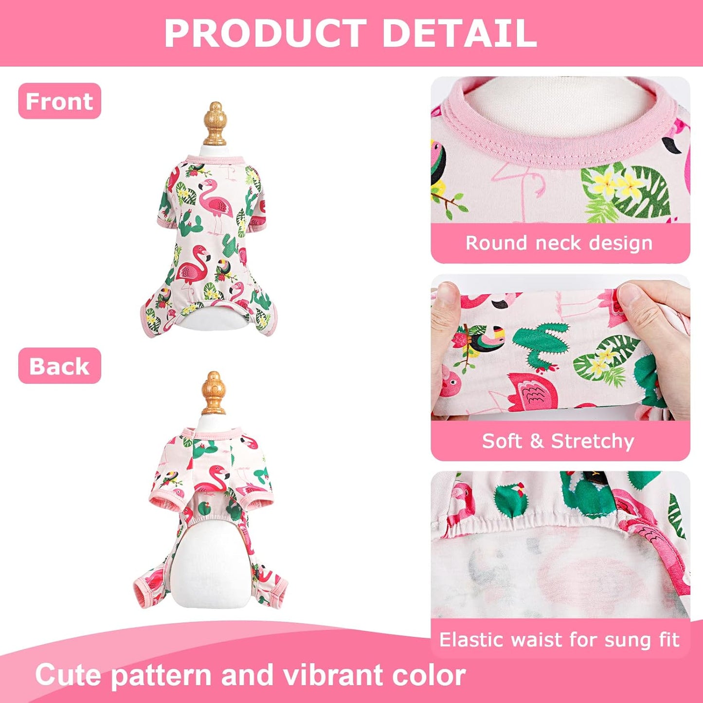 Dog Pajamas Pjs Summer Dog Clothes for Small Dogs Girl - Boy - Medium Size Dogs, Soft Stretchy Puppy Clothes Doggie Onesies Fall Cat Pet Jammies Outfit Tropical Flamingo, Pink