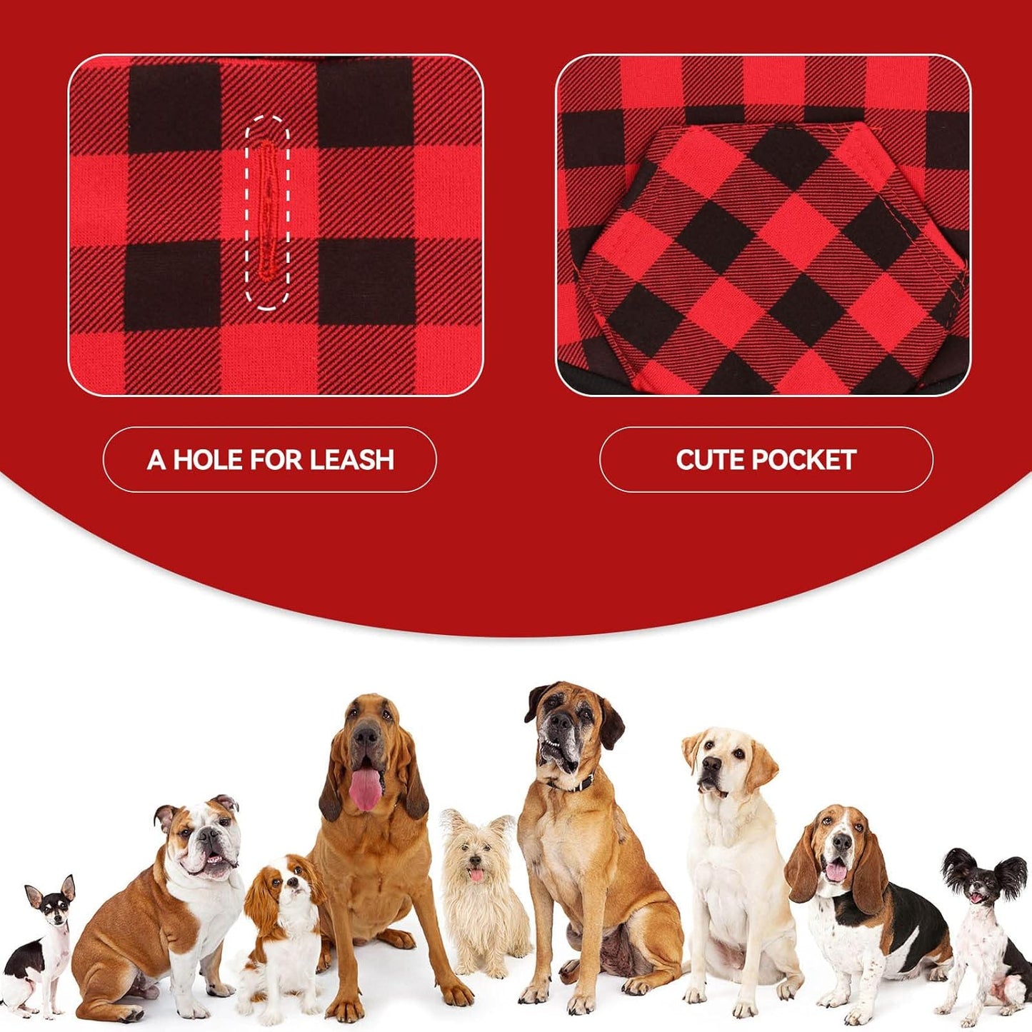 Dog Sweater Red Buffalo Plaid Pet Clothes Warm and Soft Breathable Cozy Small Pet Hoodies Dog Sweaters for Small Dogs with Pocket(XS)