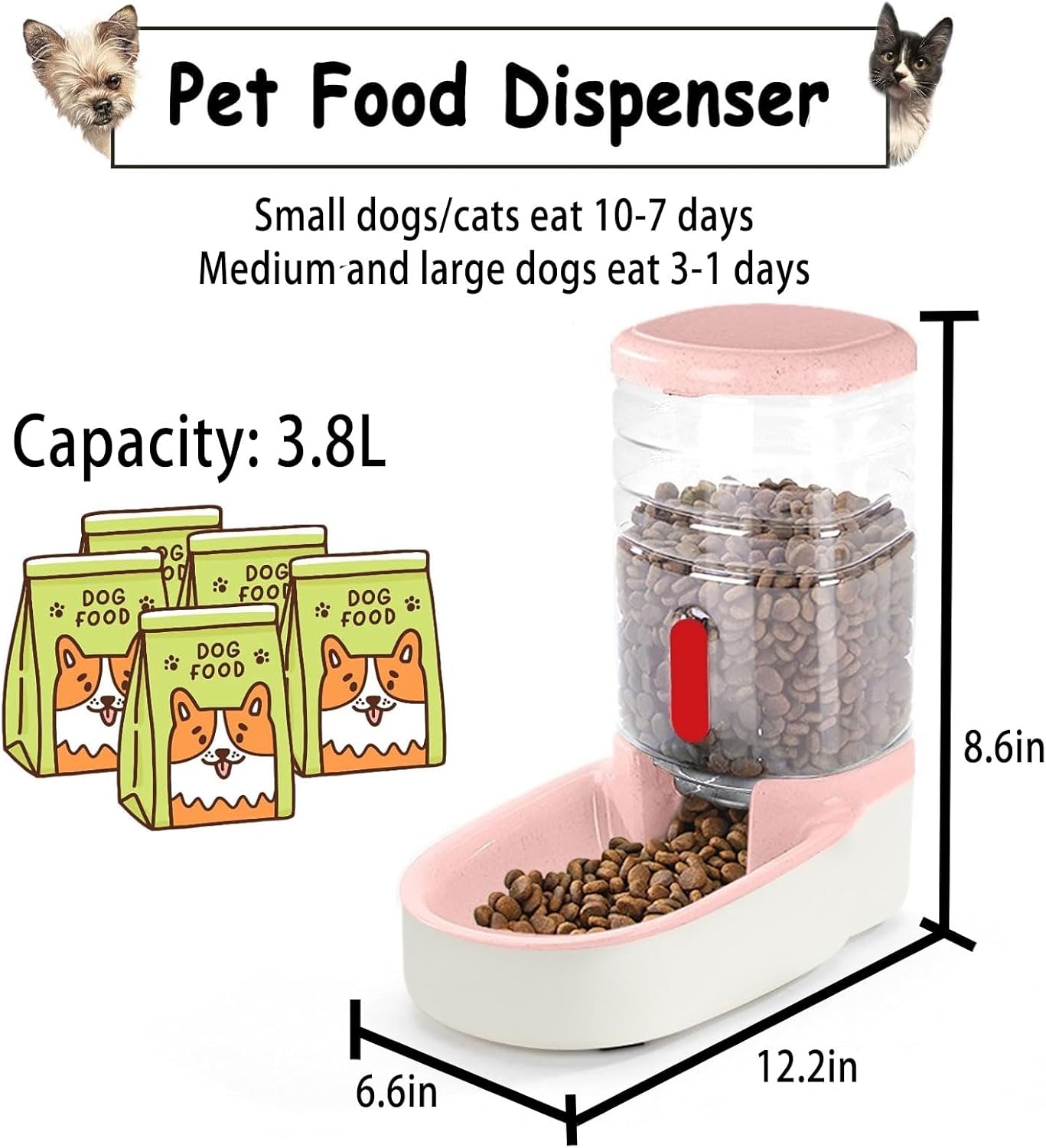 kathson Automatic Cat Feeder 1 Gallon Gravity Dog Food Dispenser Large Capacity Self Feeding Pet Food Bowl for Puppy Kitten Rabbit Pink