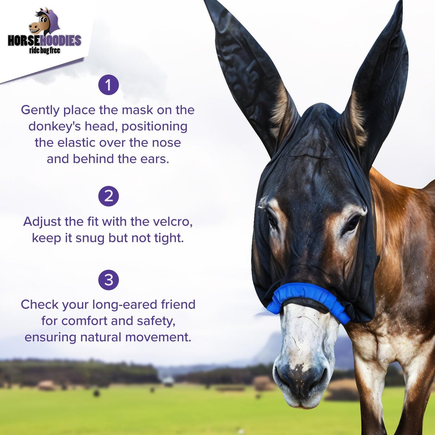 Donkey Fly Mask with Long Ears (Aqua) Half Hoodie for Standard Donkey, Made in USA - Mule Fly Mask with Ears Protection from Insects and Bugs, Face Cover Soft Mesh Fabric with Adjustable Fastener