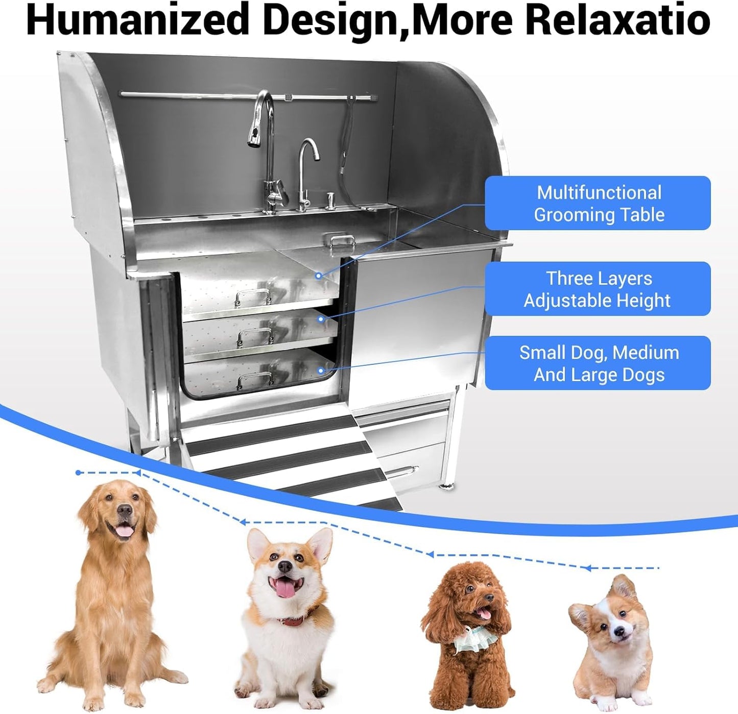 Professional Dog Grooming Tub, 50" Stainless Steel Dog Wash Station with Foldable Ramp, Storage Drawer, Floor Grate & Faucet/Dog Bathtub for Large, Medium & Small Pets - Left Door (50")