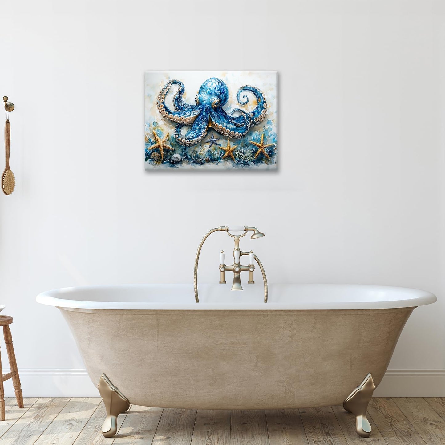 Octopus Bathroom Pictures Wall Art, Sea Animal Ocean Bathroom Wall Decor, Nautical Framed Painting Canvas Artwork for Bedroom Living Room Decorations 20"L x 16"W