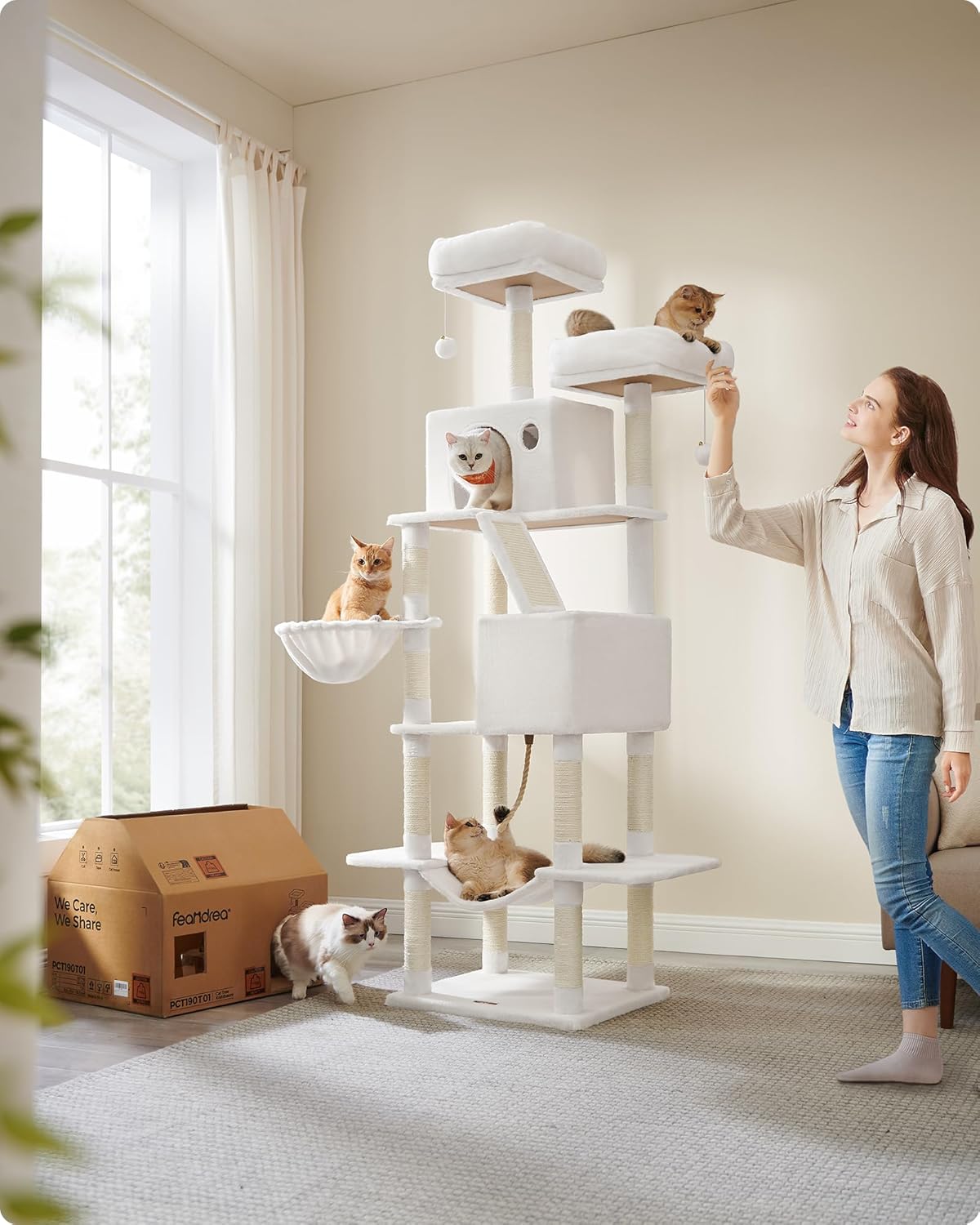 Feandrea Cat Tree, 81.1-Inch Large Cat Tower with 13 Scratching Posts, 2 Perches, 2 Caves, Basket, Hammock, Pompoms, Multi-Level Plush Cat Condo for Indoor Cats, Cream White UPCT190T01