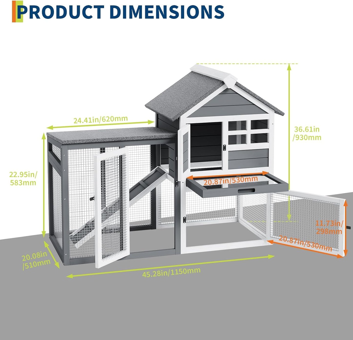 2-Tier Rabbit & Chicken House,Wooden Chicken Coop & Bunny Cage with Non-Slip Ramp, 4 Doors,Waterproof Roof & Pull-Out Tray,Outdoor/Indoor Pet Cage