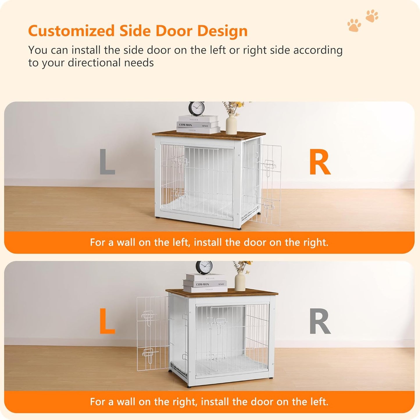 DWANTON Dog Crate Furniture with Cushion, Wooden Kennel Table with Double Doors, Indoor Dog House, Small/Medium/Large Size, 27.2" L, White+Warm Brown