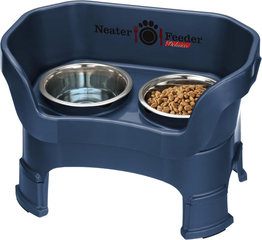 Neater Feeder Deluxe Mess Proof Dog Bowls Elevated Medium Sized Dogs (19-40 lbs) Made in USA, No Spill Raised Dog Food Bowl Stand w/Leg Extension, Stainless Steel Food and Water Bowl Set, Dark Blue