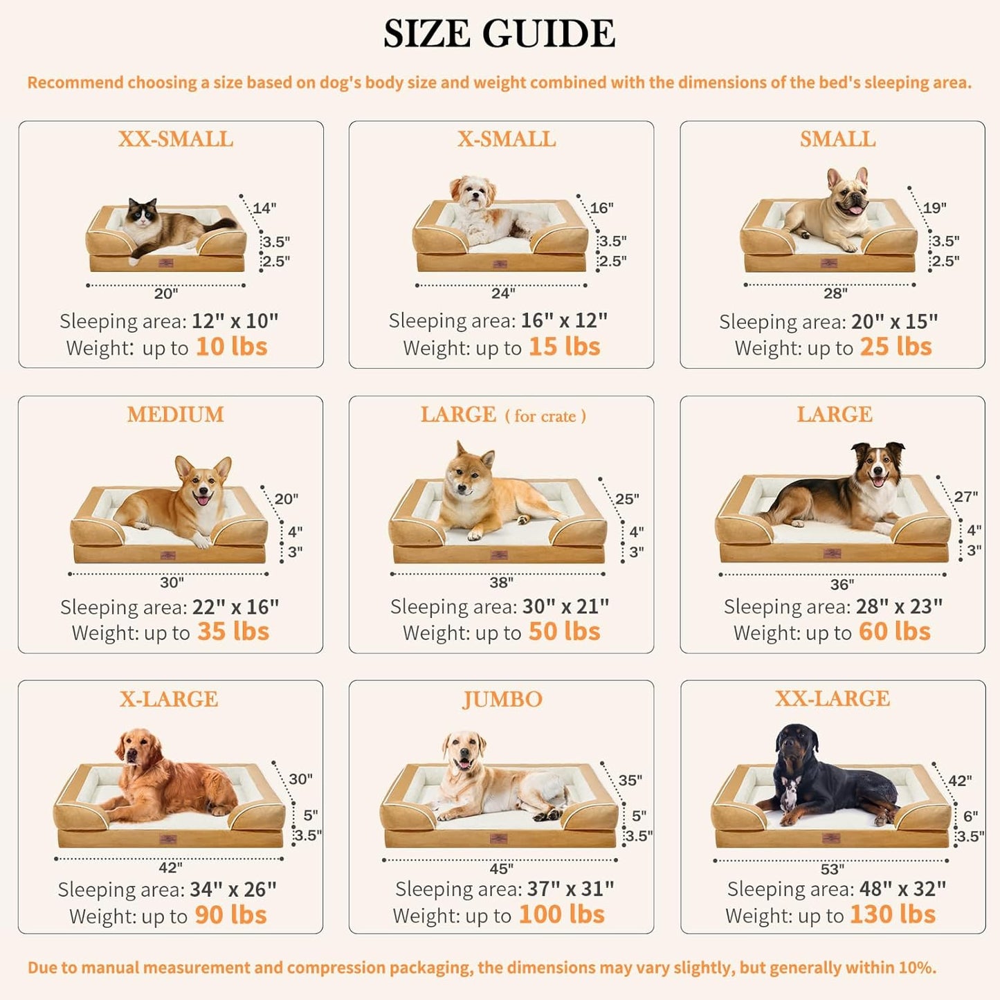 Comfort Expression Jumbo Dog Beds Orthopedic Foam, Waterproof Dog Beds for Jumbo Breed Dogs, PV Washable Dogs Sofa Couch with Removable Cover & Non-Slip Bottom(Khaki)