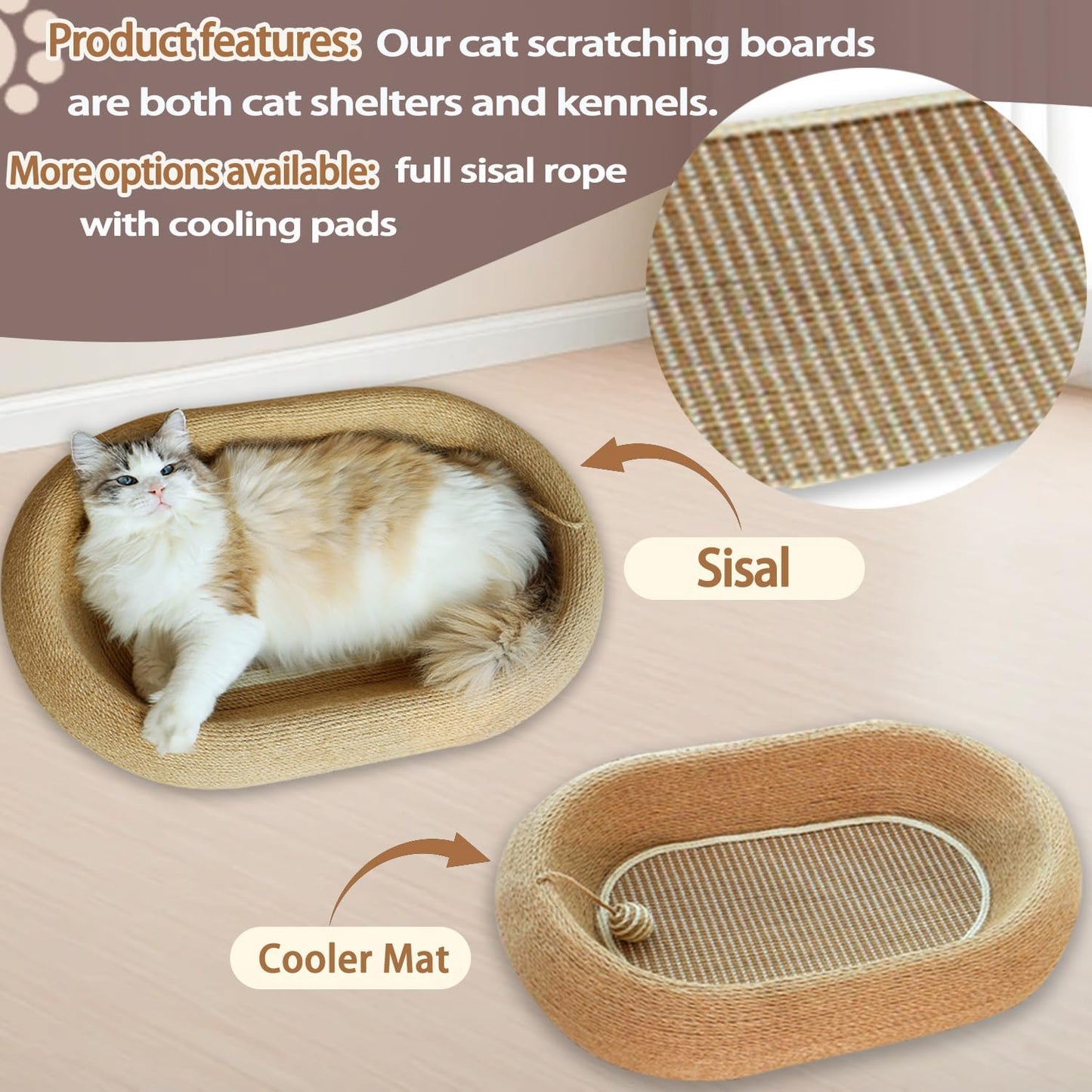 Cat Scratching Pad -Oval Cat Scratching Post - with Natural Sisal and Hanging Toy Ball, 3-in-1 Cat Scratching Post, Sisal Bed, Suitable for Indoor Cat Play, Round Oval Rest and Scratching
