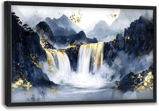 Extra Large Abstract Golden Waterfall Framed Wall Art for Living Room,Oversized Foggy Mountain Pictures Wall Decor,Canvas Print Painting Modern Artwork Bedroom Office Bathroom 36L" x 24W"