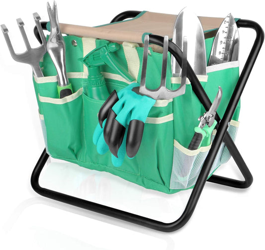 Kitness 9 PCS All-in-one Garden Tools Set Heavy Duty Cast-Aluminium Alloy Gardening Tools Kit with Folding Stool Seat&Detachable Canvas Tool Bag Great Gifts for Gardening