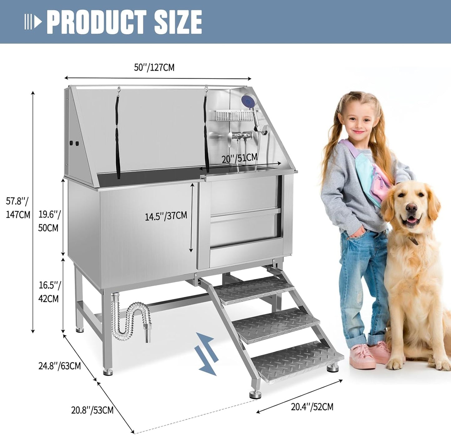50 Inch Electric Dog Bathing Station For Large Dogs, Height Adjustable Stainless Steel Dog Pet Washing Station, Professional Dog Grooming Tub With Electric Lift, Pet Wash Bath Station (50" Right door)
