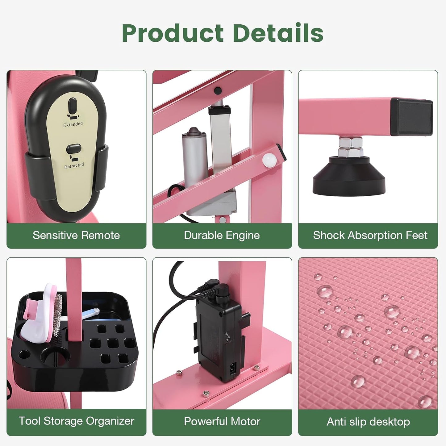 Electric Hydraulic Lift Pet Dog Grooming Table, 24Inch Grooming Desktop for Small Dogs, with Overhead Arm, Wireless Remote, Tool Organizer, Pink