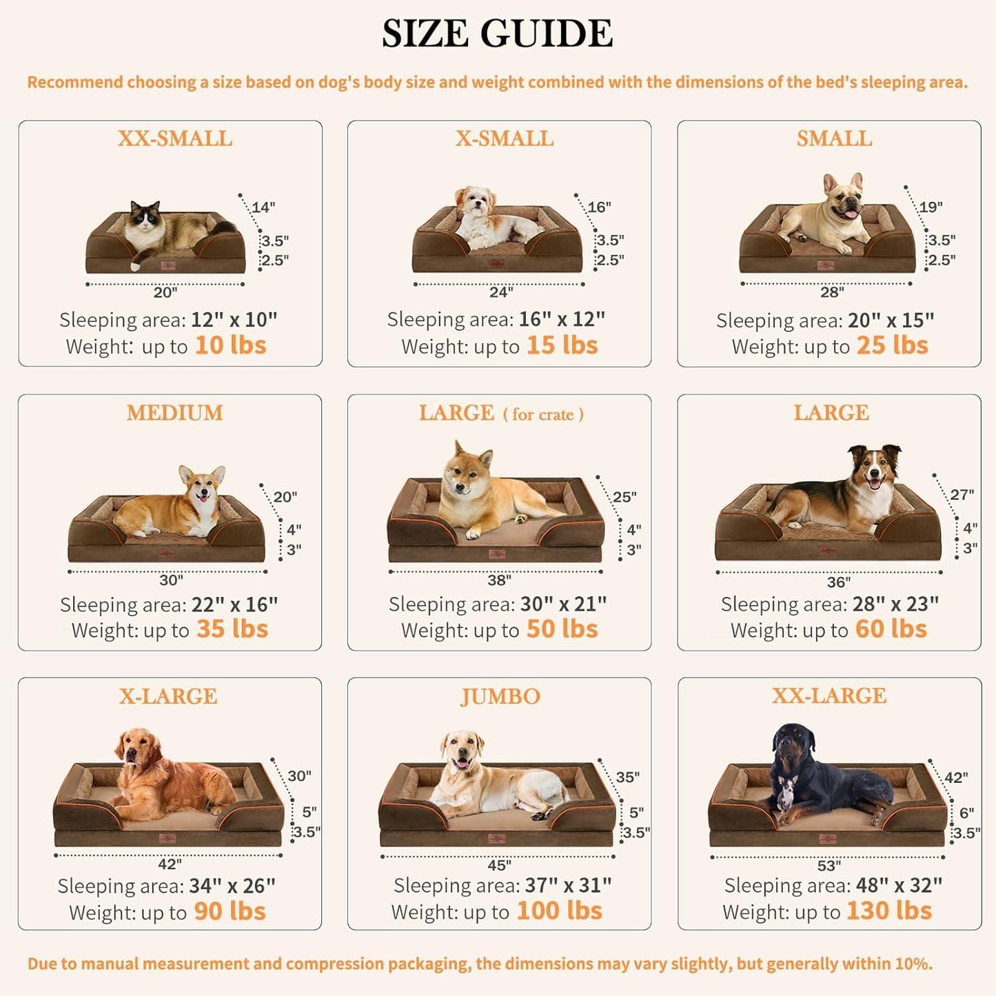 Comfort Expression Dog Beds for Extra Large Dogs, Waterproof Orthopedic Foam XL Dog Beds with Bolster, Washable Dogs Bed Sofa Pet Bed with Removable Cover & Non-Slip Bottom(X-Large,Brown)