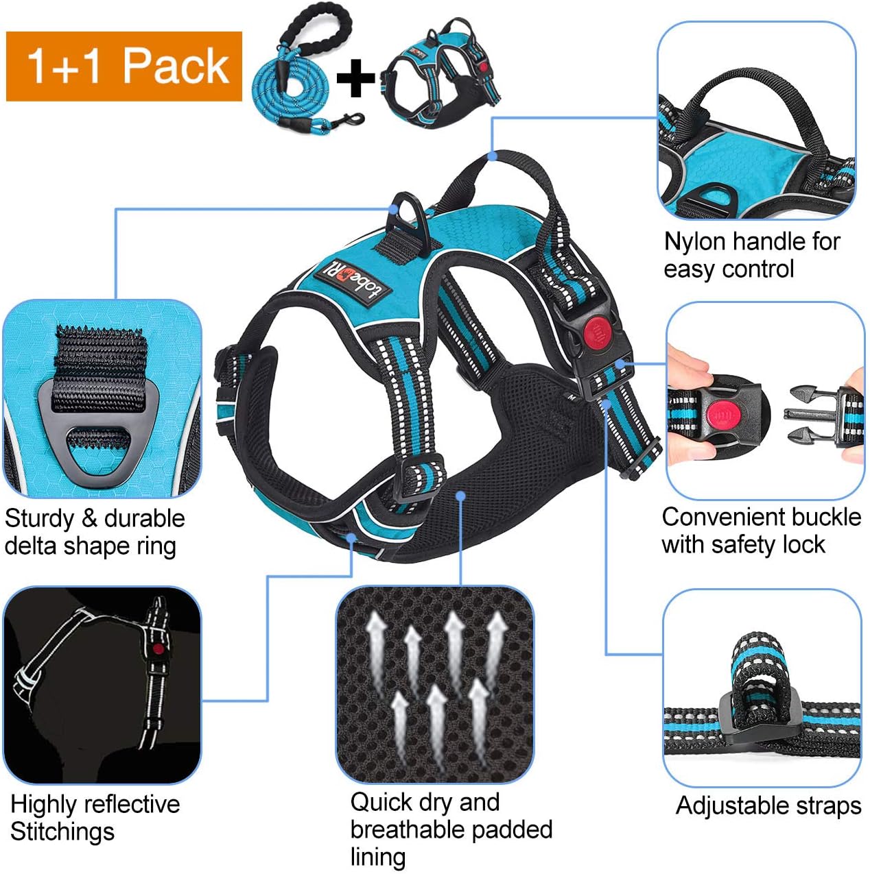 No Pull Dog Harness Adjustable Reflective Oxford Easy Control Medium Large Dog Harness with A Free Heavy Duty 5ft Dog Leash