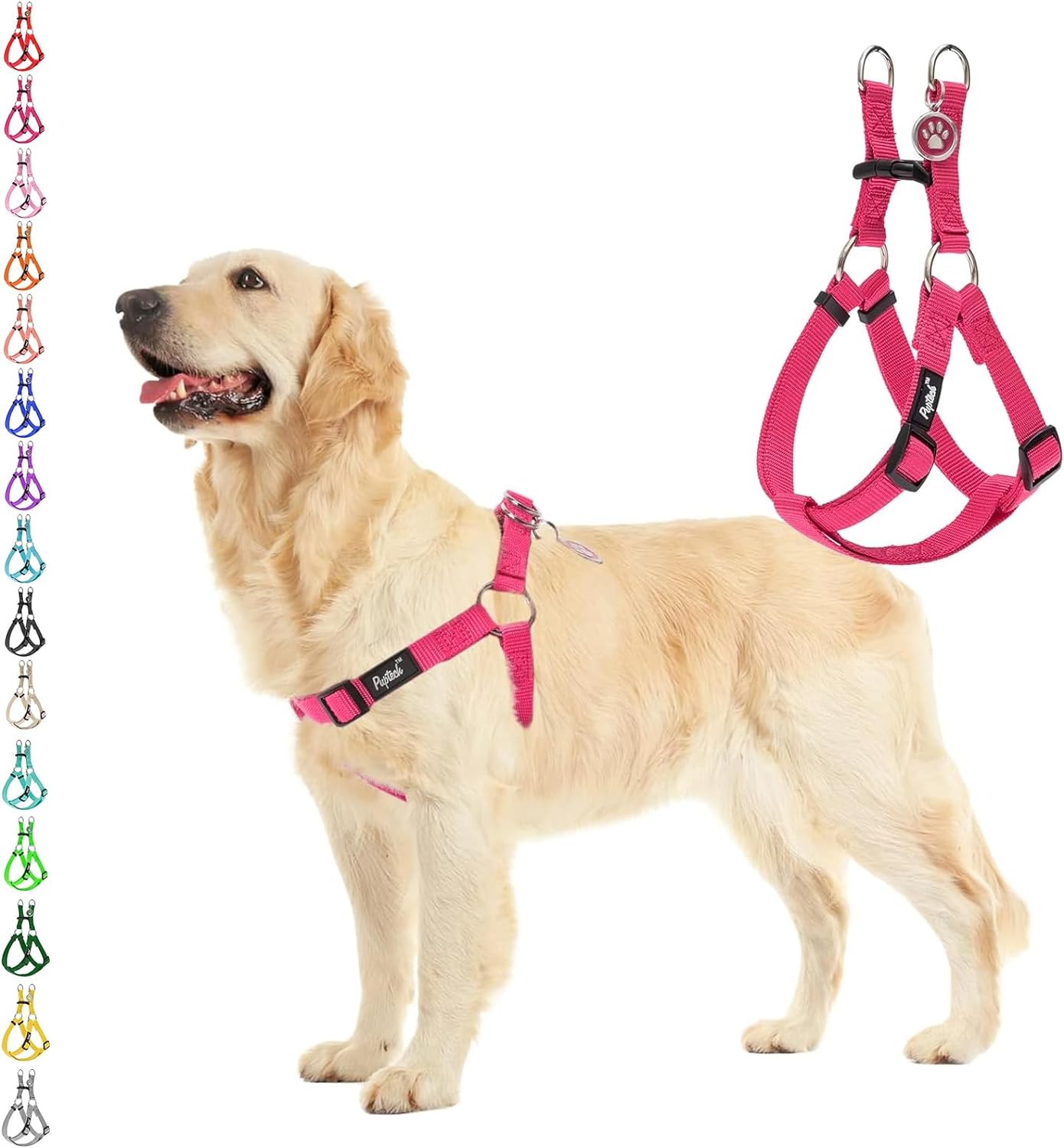 PUPTECK No Pull Dog Harness Soft Adjustable Basic Nylon Step in Puppy Vest Outdoor Walking with ID Tag DeepPink