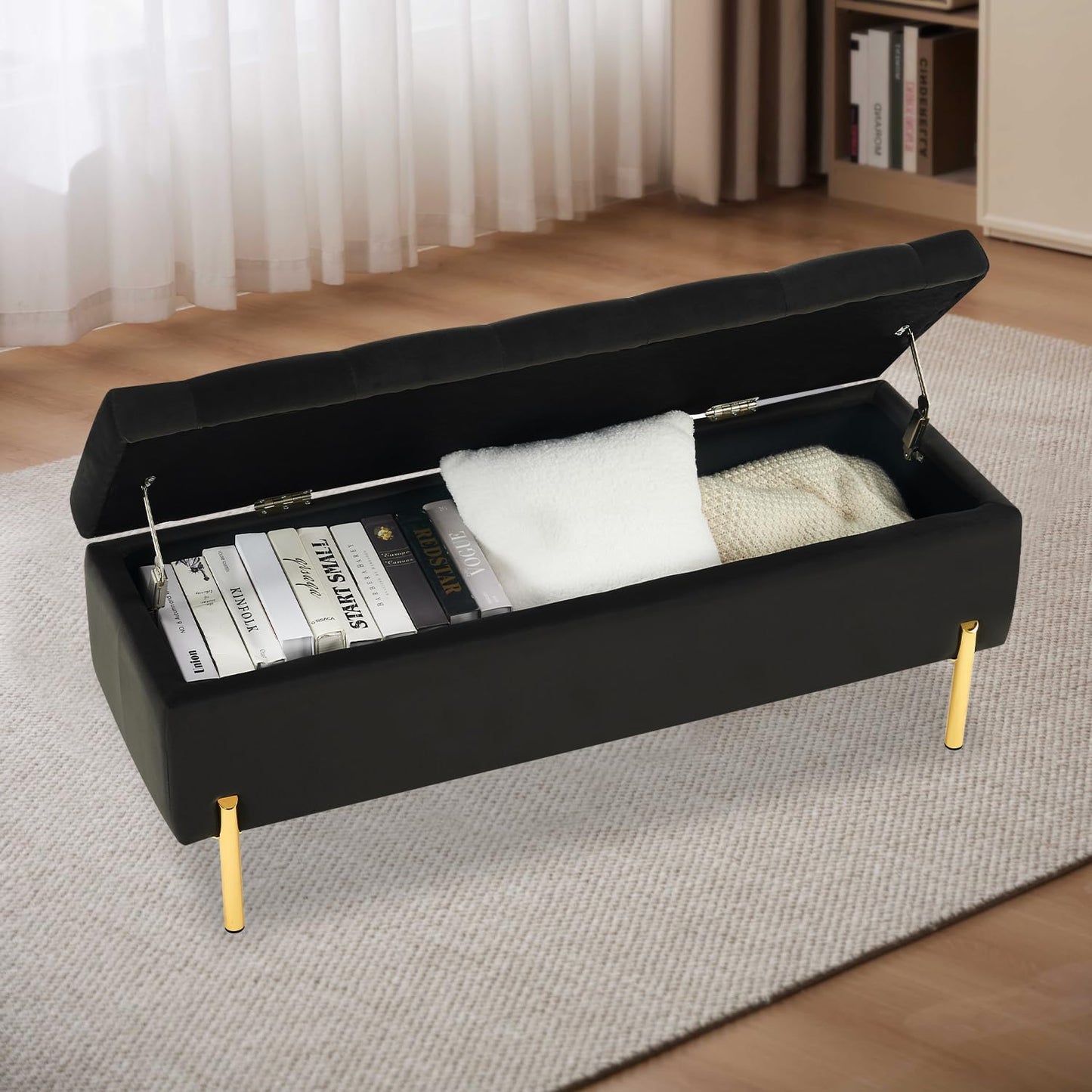 Velvet Storage Bench Ottoman,Versatile Seating with Hidden Storage,End of Bed Bench,Tufted Bench for Bedroom,Living Room,Entryway,Black