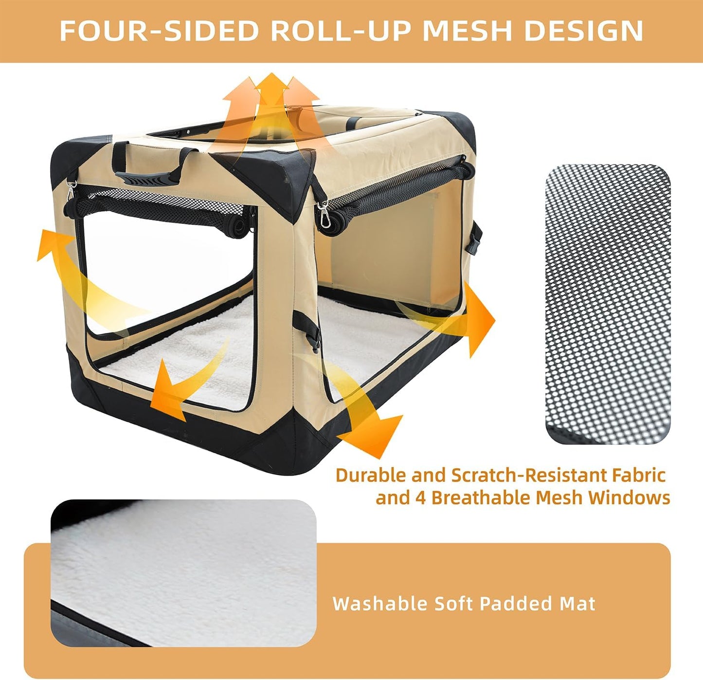 Pettycare 26 Inch Collapsible Foldable Soft Dog Kennel with Chew Proof Mesh Windows, Indoor & Outdoor Travel Dog Crate, Soft Side Dog Crate, Beige