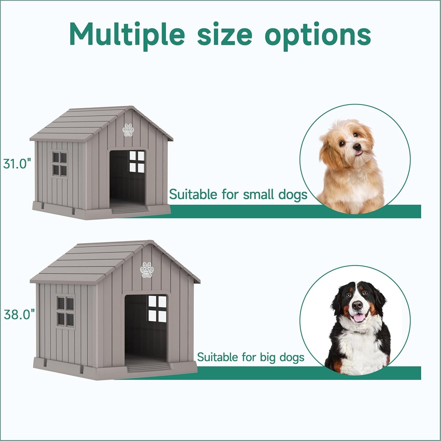 Vixzen 38in Large Outdoor Dog House,Durable Water Resistant Resin Dog House,Doghouse for Small to Large Dogs Indoor or Outside,with Air Vent and Elevated Floor,Gray