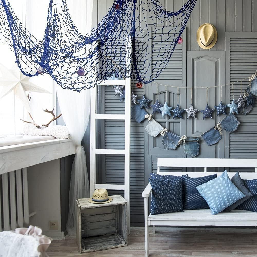 Rosoz Nature Fish Net Wall Decoration with Shells, Ocean Themed Wall Hangings Fishing Net Party Decor for Pirate Party,Wedding,Photographing Decoration