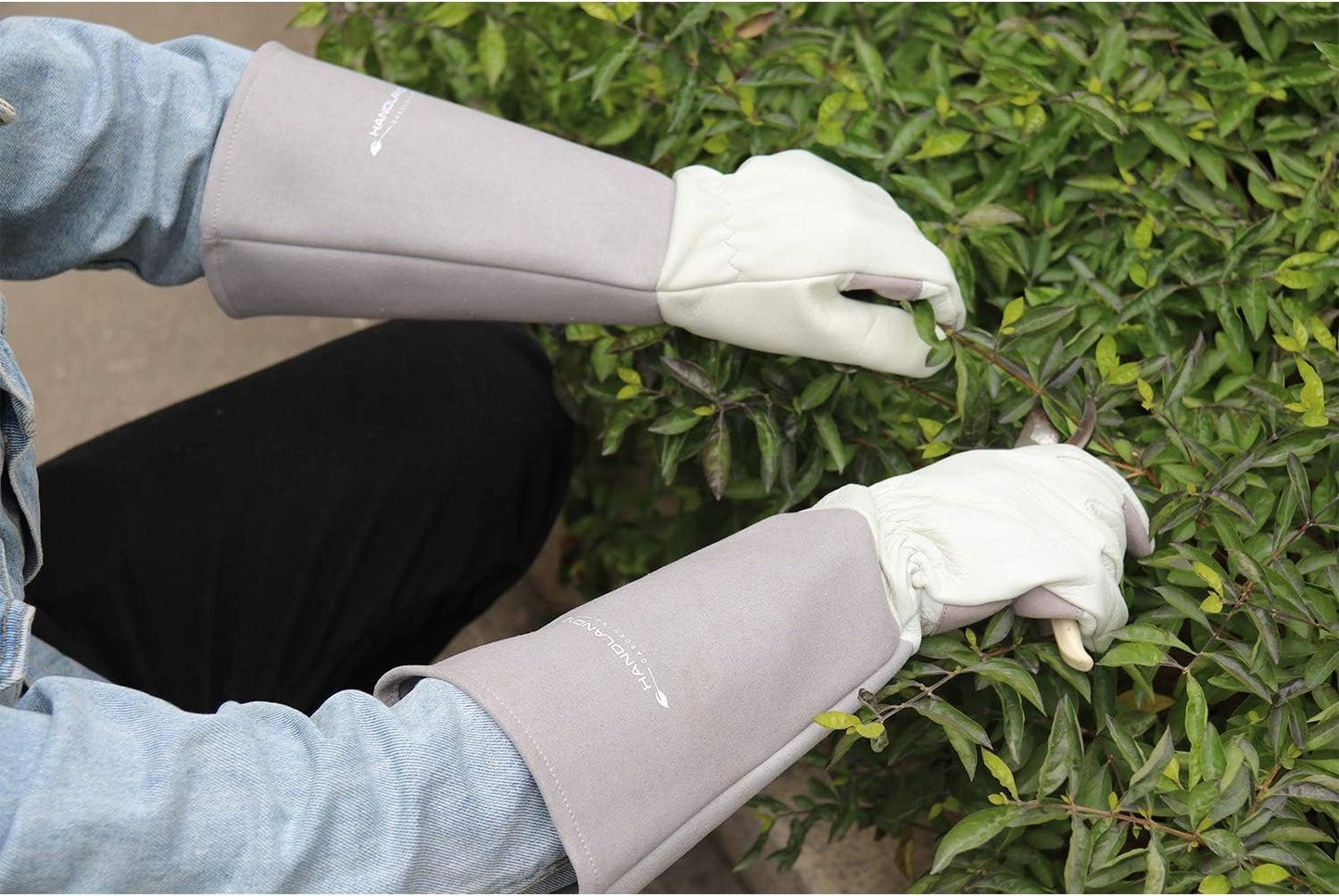 HANDLANDY Long Gardening Gloves for Men & Women, Thorn Proof Rose Pruning Gloves Leather Gauntlets Garden Glove Yard Work Glove (Large, Grey)