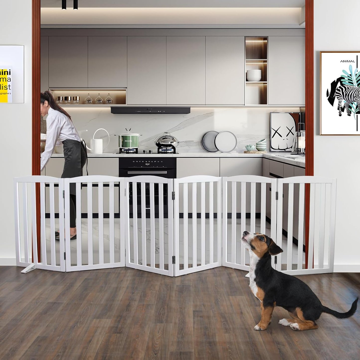 ZJSF Foldable Freestanding Indoor Dog Gate for House Wood White Long Pet Gates Dog Fence for Stairs Puppy Gates for Hallways,Pet Fence, Puppy Gate,Support Feet Included 32 "Height-6 Panels