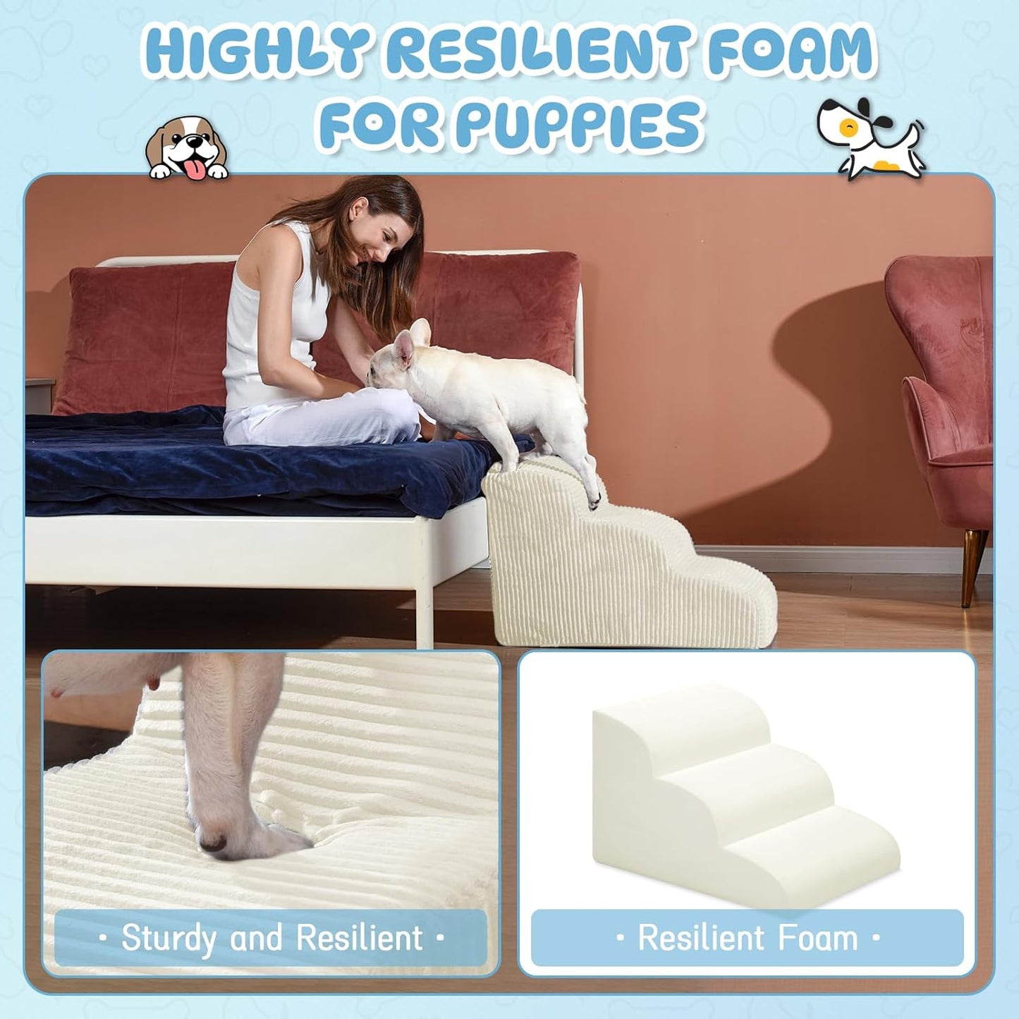 Dog Stairs & Steps for High Beds, 2 Steps High Density Foam Waterproof Dog Ramp for Small Dogs and Cats, Pet Stairs with Washable Cover for Bed, Couch, Sofa and Car, Beige (H: 11.8")