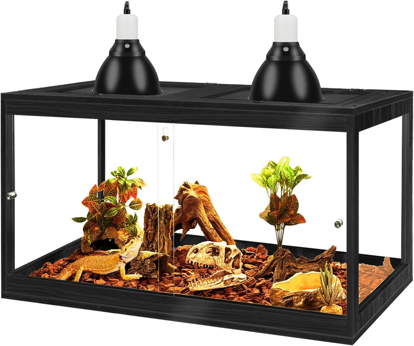 Prolee Tempered Glass Bearded Dragon Tank,Reptile Encloure and Snake Tank with Metal Mesh Roof Door,Locking Design Reptile Tank for Lizard,Gecko,Chameleon (Black, 28 Gallon (24x16x16 Inch))