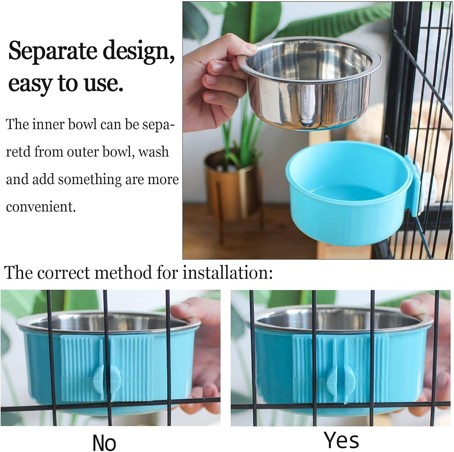 kathson Crate Dog Bowl, Removable Stainless Steel Hanging Pet Cage Bowl Food & Water Feeder Coop Cup for Cat, Puppy, Birds, Rats, Guinea Pigs 4pcs Large(2×Blue,1×Pink,1×Green)