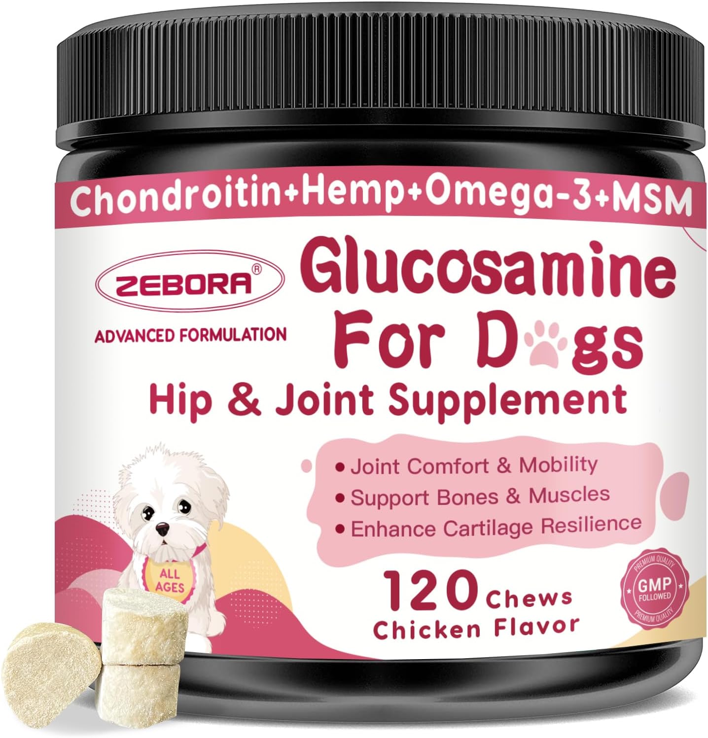 Glucosamine for Dogs, Joint Supplement for Dogs, Chondroitin, MSM, Hemp, Turmeric, Omega 3 for Pain Relief & Skin Health, Dog Hip and Joint Supplement with Calcium Support Bones Health, 120 Chews