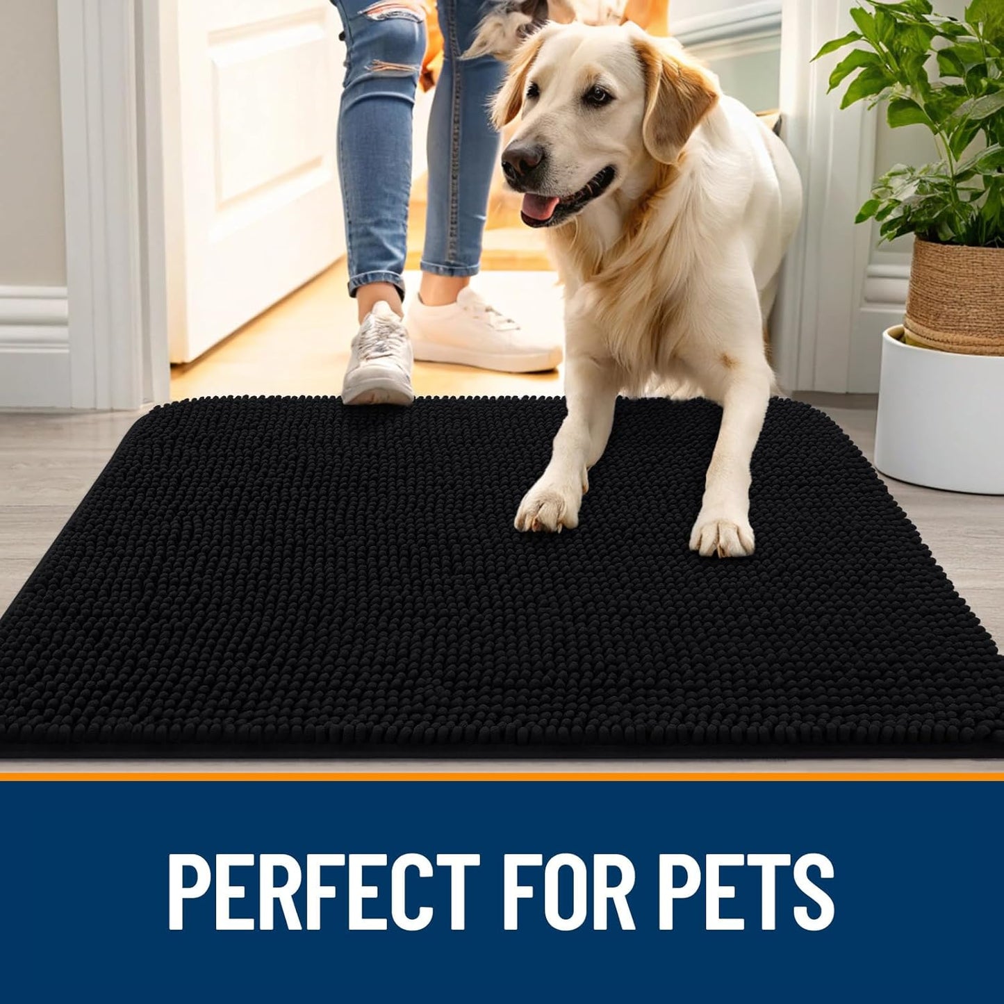 OLANLY Dog Door Mat for Muddy Paws 50x30, Absorbs Moisture and Dirt, Absorbent Non-Slip Washable Doormat, Quick Dry Chenille Mud Mat for Dogs, Entry Indoor Entryway Carpet for Inside Floor, Black