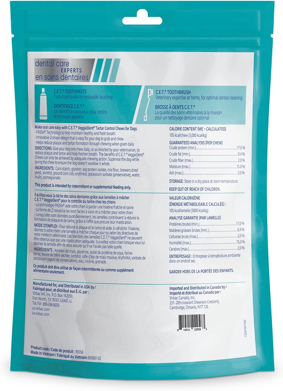 Virbac CET Veggiedent FR3SH Tartar Control Chews for Large Dogs Over 66 Pounds, Plant-Based Formula, 30 Count Bag