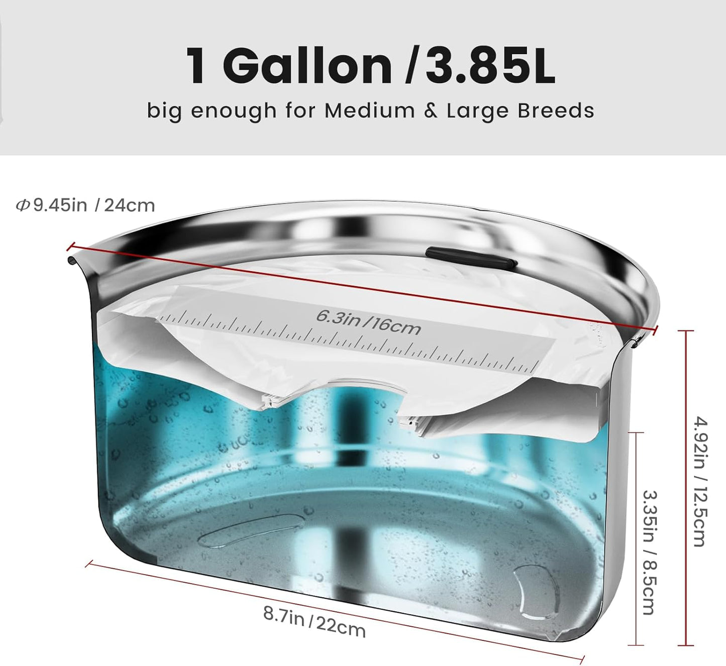 Gardner Pet Dog Bowls 1 Gallon (3.85L) Stainless Steel No Spill Dog Water Bowl, Slow Water Feeder Metal Bowls, Spill Proof Water Dispenser for Large Dogs, Promotes Healthy Hydration(Black)