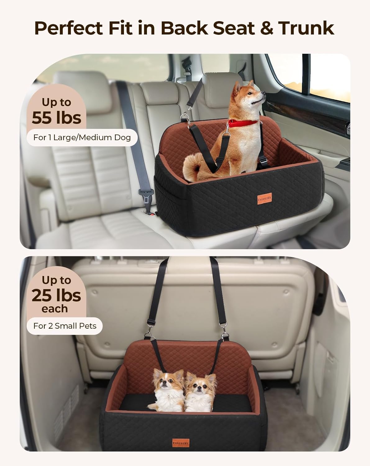 Dog Car Seat for Large Medium Dogs, Pet Car Seat Under 55 lbs or 2 Puppies, Removable Washable Pets Travel Booster Bed for Automotive Backseat with Comfy Thick Cushion, 2 Safety Leashes(Black/Brown)