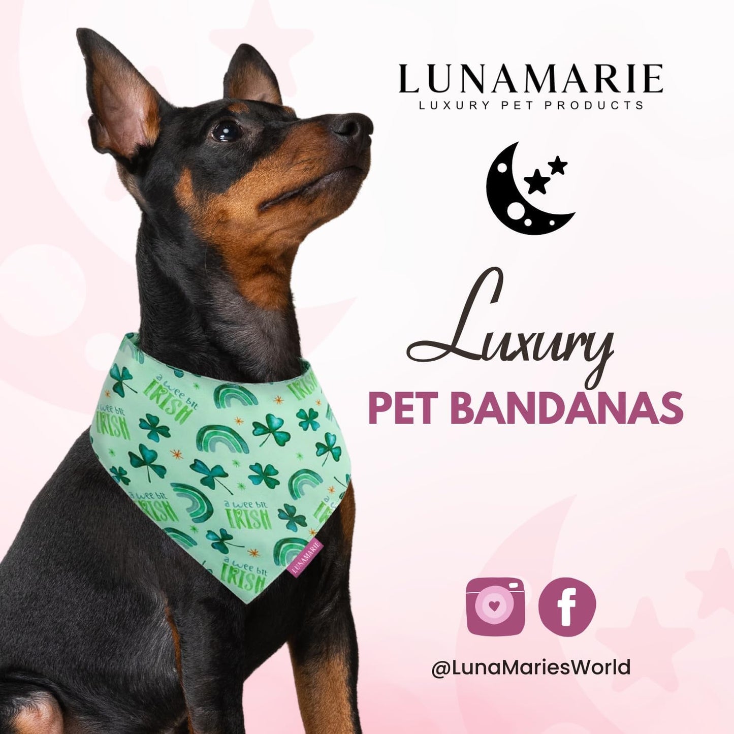 LunaMarie - Luxury Pet Birthday Bandanas -Premium & Silky Poly Fabric | 100% Handmade | Custom Shape Dual Layered (A Wee Bit Irish, Medium)