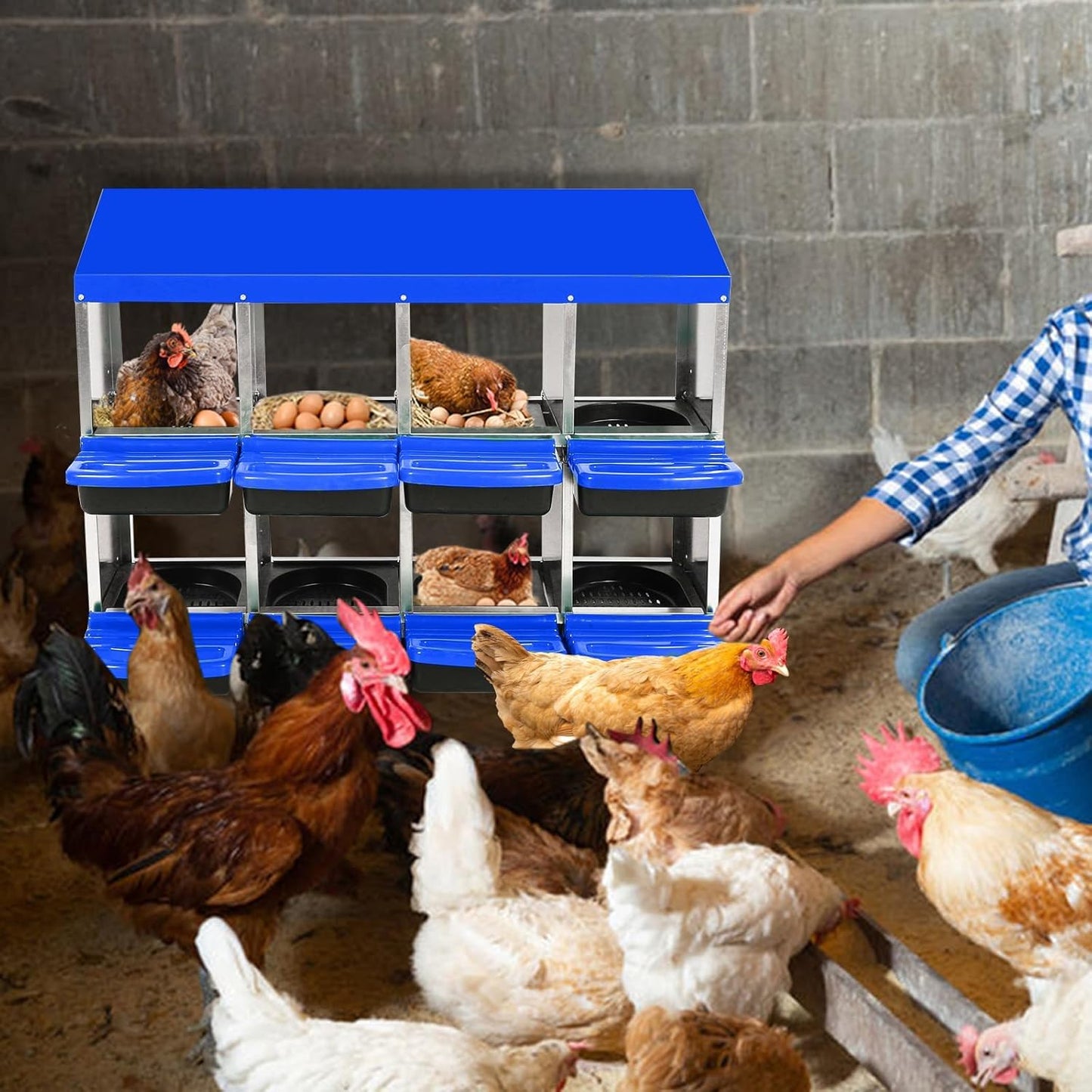 Chicken Nesting Boxes, 8 Hole Metal Chicken Laying Box with with Removable Trays and Roll Out Egg Collection for Chicken Coop, Blue