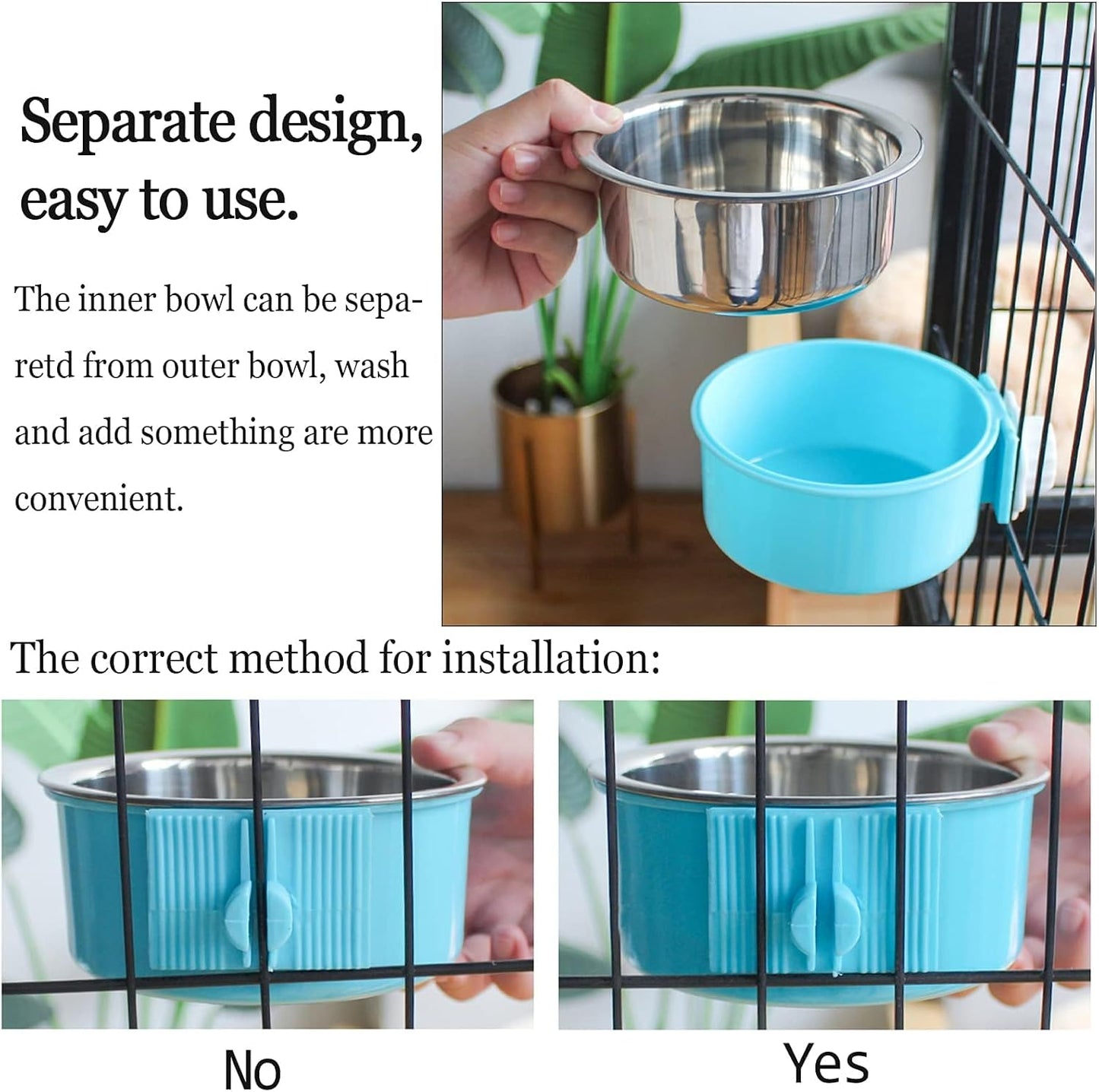 kathson Crate Dog Bowl, Removable Stainless Steel Hanging Pet Cage Bowl Food & Water Feeder Coop Cup for Cat, Puppy, Birds, Rats, Guinea Pigs 6pcs(2×Blue,2×Green,2×Pink)