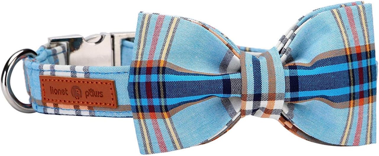 Lionet Paws Boy Dog Collar with Bowtie, Comfortable Adjustable Cute Blue Plaid Bow Tie Collar for Male Puppies and Cats Gift, XXS, Neck 7-11 inches