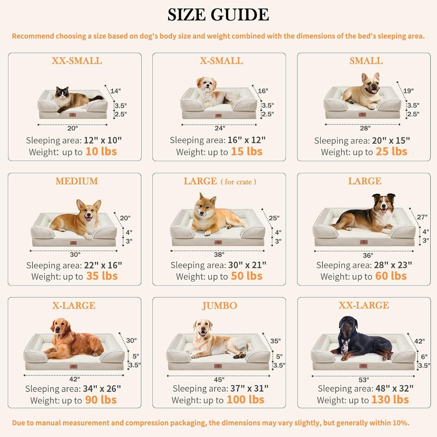 Comfort Expression Large Dog Beds Waterproof Orthopedic Foam Dog Sofa Beds Comfy Pet Bed with Washable Removable Cover & Non-Slip Bottom(Large,Beige)