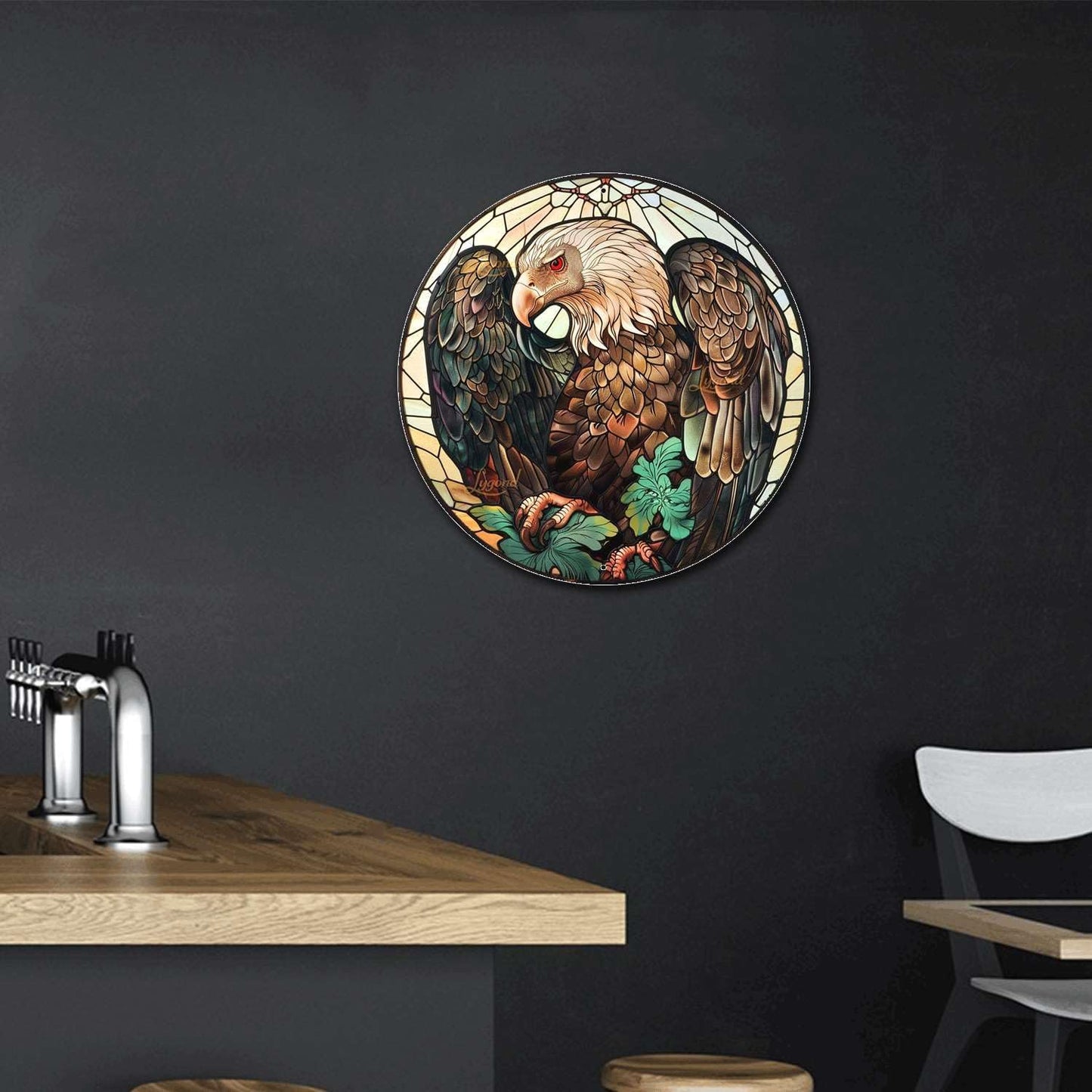 Lygond Metal Sign Tin Sign Circular Stained Glass Vulture Vintage Decor for Patio 8×8 Inches